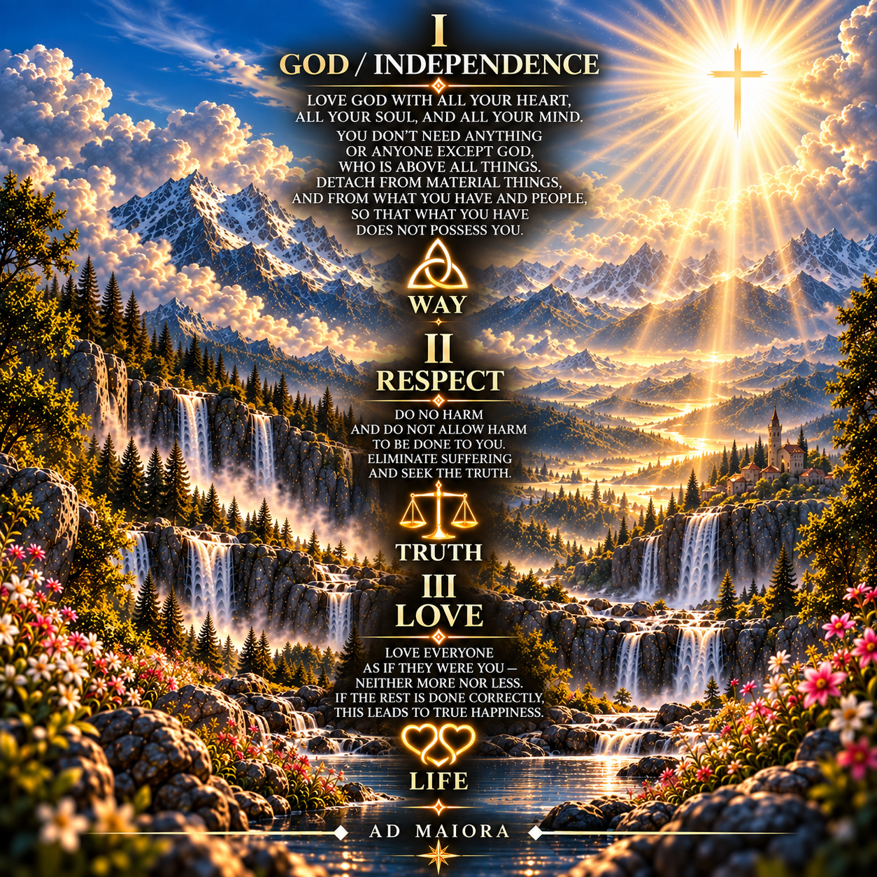 The three cardinal principles of Societas Felicitatis: God/Independence, Respect, Love